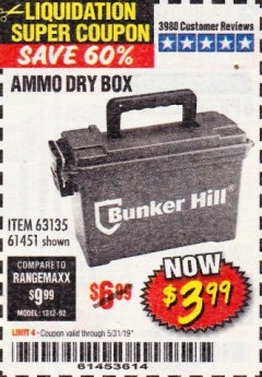 Harbor Freight Coupon BUNKER HILL SECURITY 0.30 CALIBER AMMO BOX Lot No. 63135 Expired: 5/31/19 - $3.99