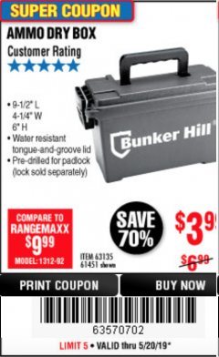 Harbor Freight Coupon BUNKER HILL SECURITY 0.30 CALIBER AMMO BOX Lot No. 63135 Expired: 5/20/19 - $3.99