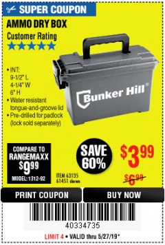 Harbor Freight Coupon BUNKER HILL SECURITY 0.30 CALIBER AMMO BOX Lot No. 63135 Expired: 5/27/19 - $3.99