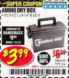 Harbor Freight Coupon BUNKER HILL SECURITY 0.30 CALIBER AMMO BOX Lot No. 63135 Expired: 6/30/19 - $3.99