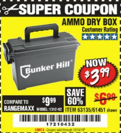 Harbor Freight Coupon BUNKER HILL SECURITY 0.30 CALIBER AMMO BOX Lot No. 63135 Expired: 10/14/19 - $3.99
