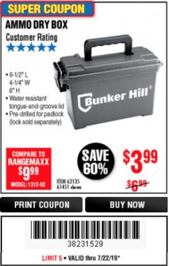 Harbor Freight Coupon BUNKER HILL SECURITY 0.30 CALIBER AMMO BOX Lot No. 63135 Expired: 7/22/19 - $3.99