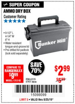 Harbor Freight Coupon BUNKER HILL SECURITY 0.30 CALIBER AMMO BOX Lot No. 63135 Expired: 8/25/19 - $2.99