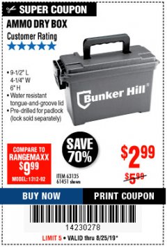 Harbor Freight Coupon BUNKER HILL SECURITY 0.30 CALIBER AMMO BOX Lot No. 63135 Expired: 8/25/19 - $2.99