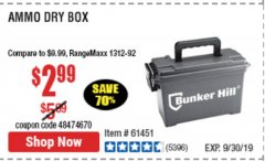 Harbor Freight Coupon BUNKER HILL SECURITY 0.30 CALIBER AMMO BOX Lot No. 63135 Expired: 9/30/19 - $2.99