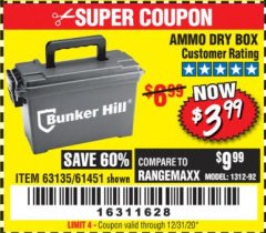 Harbor Freight Coupon BUNKER HILL SECURITY 0.30 CALIBER AMMO BOX Lot No. 63135 Expired: 7/31/20 - $3.99