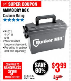 Harbor Freight Coupon BUNKER HILL SECURITY 0.30 CALIBER AMMO BOX Lot No. 63135 Expired: 10/4/19 - $3.99