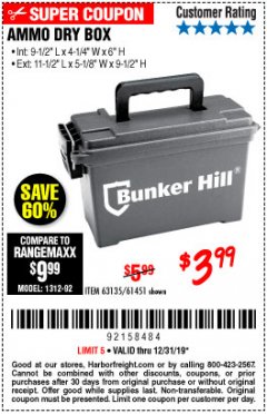 Harbor Freight Coupon BUNKER HILL SECURITY 0.30 CALIBER AMMO BOX Lot No. 63135 Expired: 12/31/19 - $3.99