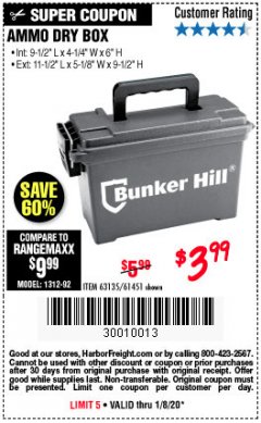 Harbor Freight Coupon BUNKER HILL SECURITY 0.30 CALIBER AMMO BOX Lot No. 63135 Expired: 1/8/20 - $3.99