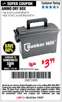 Harbor Freight Coupon BUNKER HILL SECURITY 0.30 CALIBER AMMO BOX Lot No. 63135 Expired: 1/8/20 - $3.99