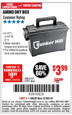 Harbor Freight Coupon BUNKER HILL SECURITY 0.30 CALIBER AMMO BOX Lot No. 63135 Expired: 12/26/19 - $3.99