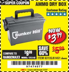 Harbor Freight Coupon AMMO BOX Lot No. 61451/63135 Expired: 2/3/20 - $3.99