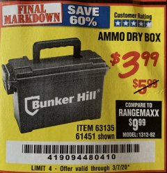 Harbor Freight Coupon BUNKER HILL SECURITY 0.30 CALIBER AMMO BOX Lot No. 63135 Expired: 3/7/20 - $3.99
