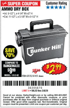 Harbor Freight Coupon BUNKER HILL SECURITY 0.30 CALIBER AMMO BOX Lot No. 63135 Expired: 2/8/20 - $2.99
