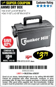 Harbor Freight Coupon BUNKER HILL SECURITY 0.30 CALIBER AMMO BOX Lot No. 63135 Expired: 6/30/20 - $3.79