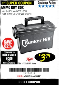 Harbor Freight Coupon BUNKER HILL SECURITY 0.30 CALIBER AMMO BOX Lot No. 63135 Expired: 6/30/20 - $3.79