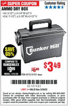 Harbor Freight Coupon BUNKER HILL SECURITY 0.30 CALIBER AMMO BOX Lot No. 63135 Expired: 3/29/20 - $3.49