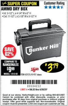 Harbor Freight Coupon BUNKER HILL SECURITY 0.30 CALIBER AMMO BOX Lot No. 63135 Expired: 6/30/20 - $3.79