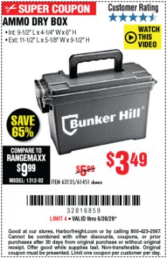 Harbor Freight Coupon BUNKER HILL SECURITY 0.30 CALIBER AMMO BOX Lot No. 63135 Expired: 6/30/20 - $3.49