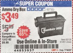 Harbor Freight Coupon BUNKER HILL SECURITY 0.30 CALIBER AMMO BOX Lot No. 63135 Expired: 7/18/20 - $3.49