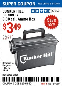 Harbor Freight Coupon BUNKER HILL SECURITY 0.30 CALIBER AMMO BOX Lot No. 63135 Expired: 12/31/20 - $3.49