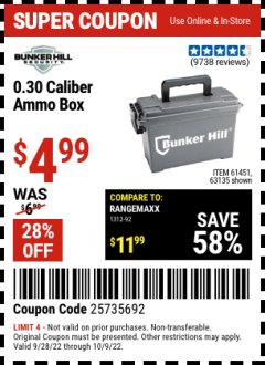 Harbor Freight Coupon BUNKER HILL SECURITY 0.30 CALIBER AMMO BOX Lot No. 63135 Expired: 10/2/22 - $4.99