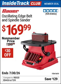 Harbor Freight ITC Coupon BAUER OSCILLATING EDGE BELT AND SPINDLE SANDER Lot No. 56870 Valid Thru: 7/30/26 - $169.99