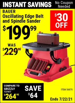 Harbor Freight Coupon BAUER OSCILLATING EDGE BELT AND SPINDLE SANDER Lot No. 56870 Expired: 7/22/21 - $199.99