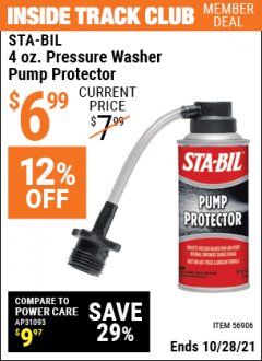 Harbor Freight ITC Coupon STA-BIL 4 OZ. PRESSURE WASHER PUMP PROTECTOR Lot No. 56906 Expired: 10/28/21 - $6.99