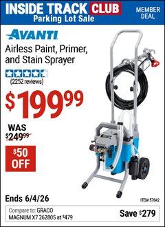 Harbor Freight Coupon AVANTI AIRLESS PAINT, PRIMER, AND STAIN SPRAYER Lot No. 57042 Valid: 12/31/69 - 6/4/26 - $199.99