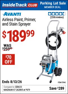 Harbor Freight ITC Coupon AVANTI AIRLESS PAINT, PRIMER, AND STAIN SPRAYER Lot No. 57042 Valid Thru: 8/13/26 - $189.99