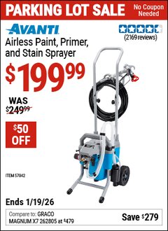 Harbor Freight Coupon AVANTI AIRLESS PAINT, PRIMER, AND STAIN SPRAYER Lot No. 57042 Expired: 12/31/69 - $199.99