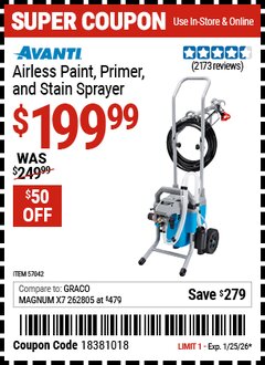 Harbor Freight Coupon AVANTI AIRLESS PAINT, PRIMER, AND STAIN SPRAYER Lot No. 57042 Expired: 1/25/26 - $199.99