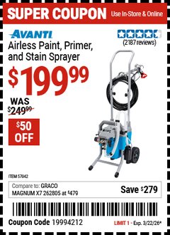 Harbor Freight Coupon AVANTI AIRLESS PAINT, PRIMER, AND STAIN SPRAYER Lot No. 57042 Valid Thru: 3/22/26 - $199.99
