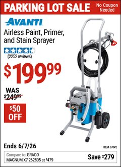 Harbor Freight Coupon AVANTI AIRLESS PAINT, PRIMER, AND STAIN SPRAYER Lot No. 57042 EXPIRES: 6/7/26 - $199.99