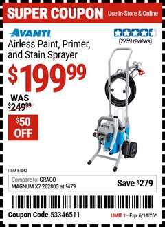 Harbor Freight Coupon AVANTI AIRLESS PAINT, PRIMER, AND STAIN SPRAYER Lot No. 57042 Expired: 6/14/26 - $199.99