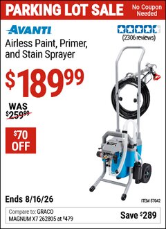 Harbor Freight Coupon AVANTI AIRLESS PAINT, PRIMER, AND STAIN SPRAYER Lot No. 57042 EXPIRES: 8/16/26 - $189.99