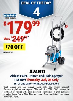 Harbor Freight Coupon AVANTI AIRLESS PAINT, PRIMER, AND STAIN SPRAYER Lot No. 57042 Expired: 7/24/25 - $179.99