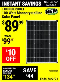 Harbor Freight Coupon THUNDERBOLT SOLAR 100 WATT MONOCRYSTALLINE SOLAR PANEL Lot No. 57325 Expired: 7/22/21 - $89.99