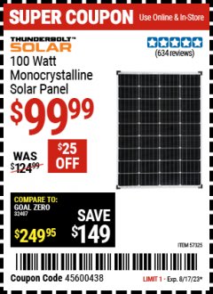 Harbor Freight Coupon THUNDERBOLT SOLAR 100 WATT MONOCRYSTALLINE SOLAR PANEL Lot No. 57325 Expired: 8/17/23 - $99.99