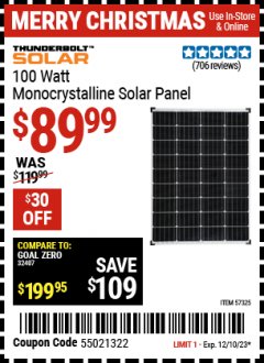 Harbor Freight Coupon THUNDERBOLT 100 WATT MONOCRYSTALLINE SOLAR PANEL Lot No. 57325 Expired: 12/10/23 - $89.99