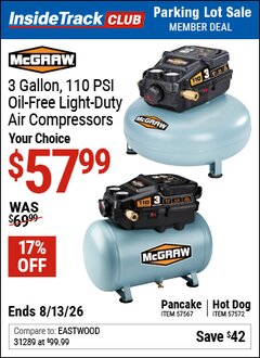 Harbor Freight ITC Coupon MCGRAW 3 GALLON, 110 PSI OIL-FREE LIGHT-DUTY AIR COMPRESSOR Lot No. 57567/57572 Valid Thru: 8/13/26 - $57.99