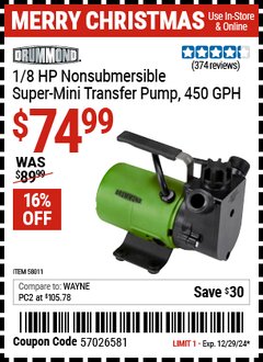 Harbor Freight Coupon DRUMMOND 1/8 HP NONSUBMERSIBLE SUPERMINI TRANSFER PUMP, 450 GPH Lot No. 58011 Expired: 12/29/24 - $74.99