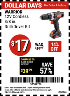 Harbor Freight Coupon WARRIOR 12V LITHIUM-ION 3/8 IN. CORDLESS DRILL/DRIVER Lot No. 57366 Expired: 2/6/22 - $17