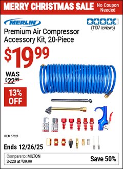 Harbor Freight Coupon MERLIN PREMIUM AIR COMPRESSOR ACCESSORY KIT, 20-PIECE Lot No. 57621 EXPIRES: 12/26/25 - $19.99