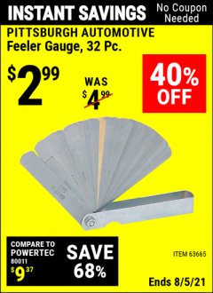 Harbor Freight Coupon PITTSBURGH AUTOMOTIVE FEELER GAUGE 32 PC. Lot No. 63665 / 32214 Expired: 8/5/21 - $2.99