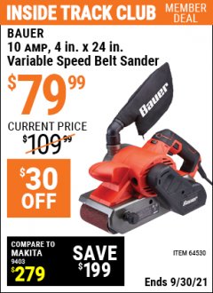 Harbor Freight ITC Coupon 10 AMP, 4 IN. X 24 IN. VARIABLE SPEED BELT SANDER Lot No. 64530 Expired: 9/30/21 - $79.99