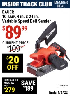 Harbor Freight ITC Coupon 10 AMP, 4 IN. X 24 IN. VARIABLE SPEED BELT SANDER Lot No. 64530 Expired: 1/6/22 - $89.99