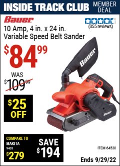 Harbor Freight ITC Coupon 10 AMP, 4 IN. X 24 IN. VARIABLE SPEED BELT SANDER Lot No. 64530 Valid Thru: 9/29/22 - $84.99