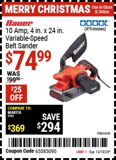 Harbor Freight Coupon BAUER 10 AMP, 4 IN. X 24 IN. VARIABLE-SPEED BELT SANDER Lot No. 64530 Expired: 12/10/23 - $74.99